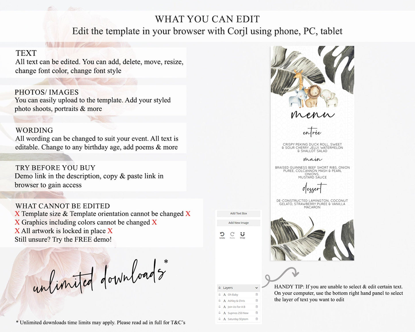 Safari Menu Safari Menu Template Lion Gorilla Elephant Rhino Tropical Palm Zoo Table Decor Safari Dinner Dessert Menu Food Menu D10599