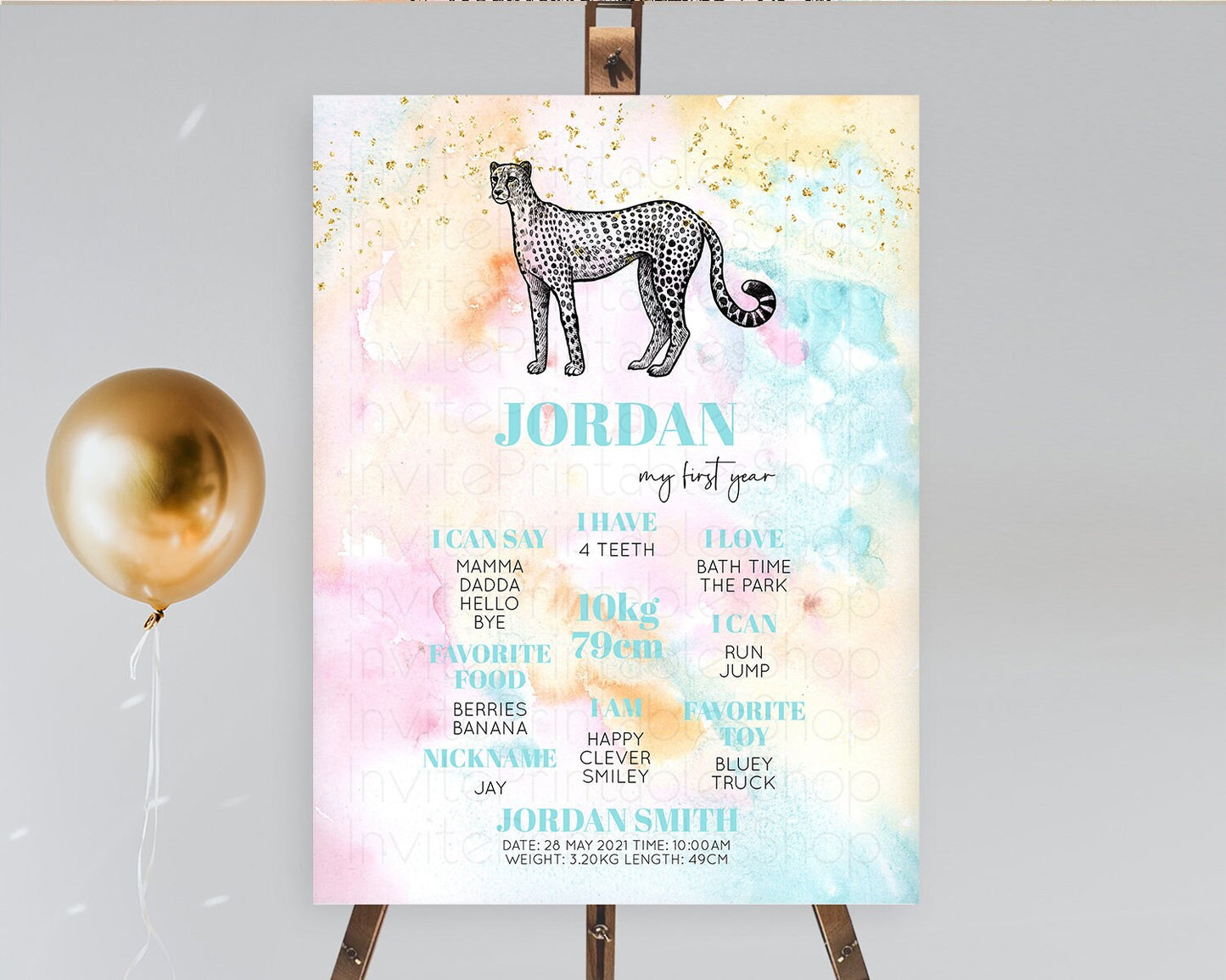 Pastel Cheetah First Birthday Milestone Board Cheetah Milestone Poster Colorful Rainbow Pastel Watercolor 1st Birthday Welcome Sign D10289