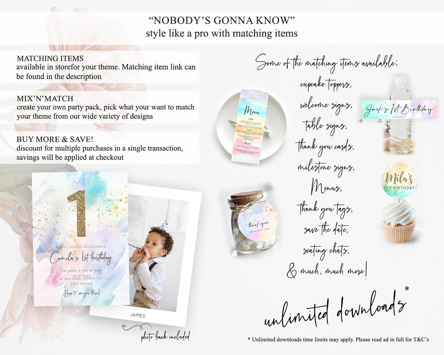 Rainbow Birthday Invitation Colorful Pastel Watercolor Invitation Gold Glitter Sprinkles Ombre Pastel 1st 2nd 3rd Birthday D10424