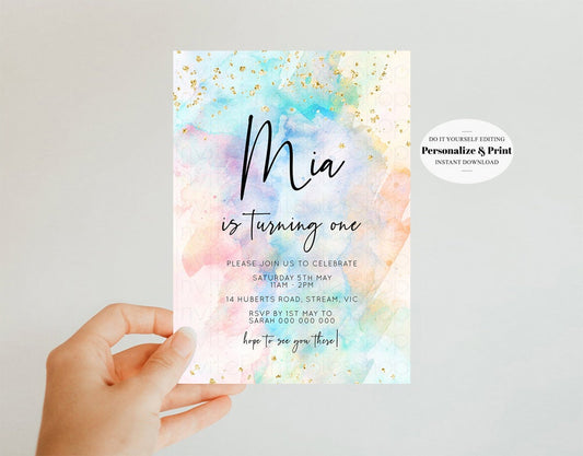 Rainbow Birthday Invitation Colorful Watercolor Gold Glitter Sprinkles Ombre Pastel Invitation 1st 2nd 3rd Printable Editable Invite 276v3