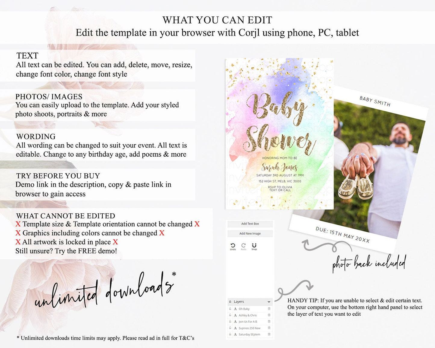Pastel Rainbow Baby Shower Invitation, Colorful Watercolor Splash, Gold Glitter Confetti Sprinkles, Ombre Purple, Yellow, Green, Pink D10319