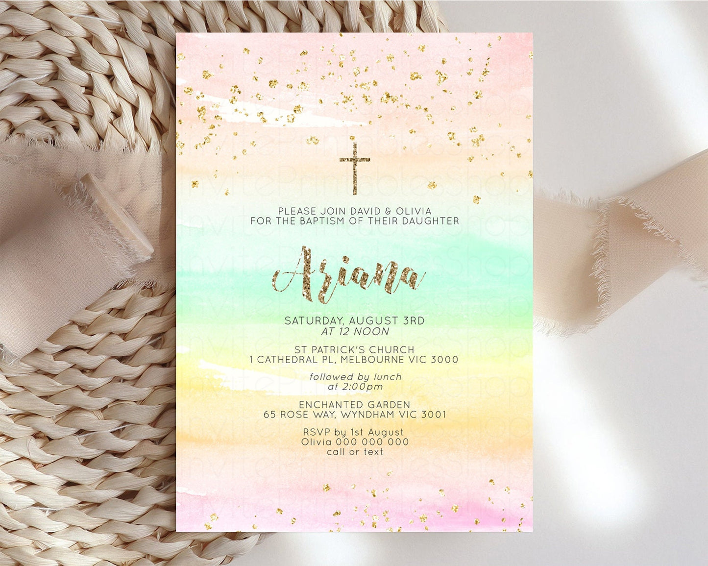 Rainbow Baptism invitation Pastel Orange Christening Invite Ombre Watercolor Invite Colors Yellow Pink Green Glitter Gold Cross Invite G581