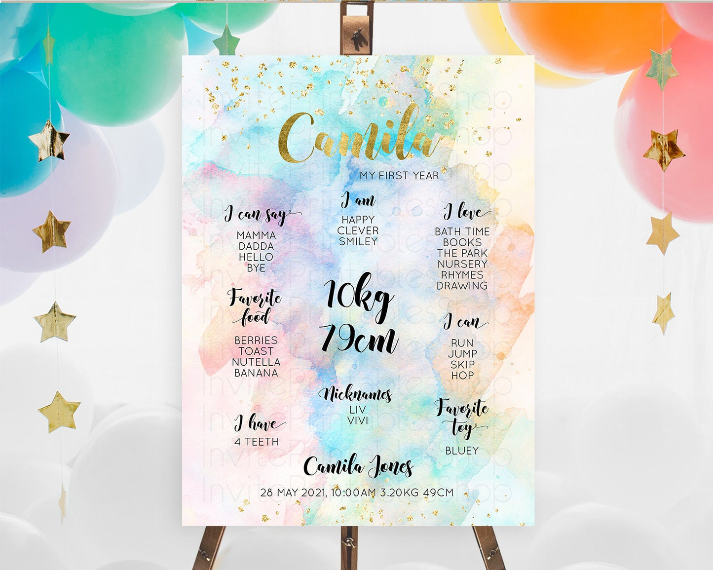 Pastel First Birthday Milestone Board Pastel Rainbow Milestone Poster Colorful Confetti Watercolor Glitter 1st Birthday Welcome Sign D10272