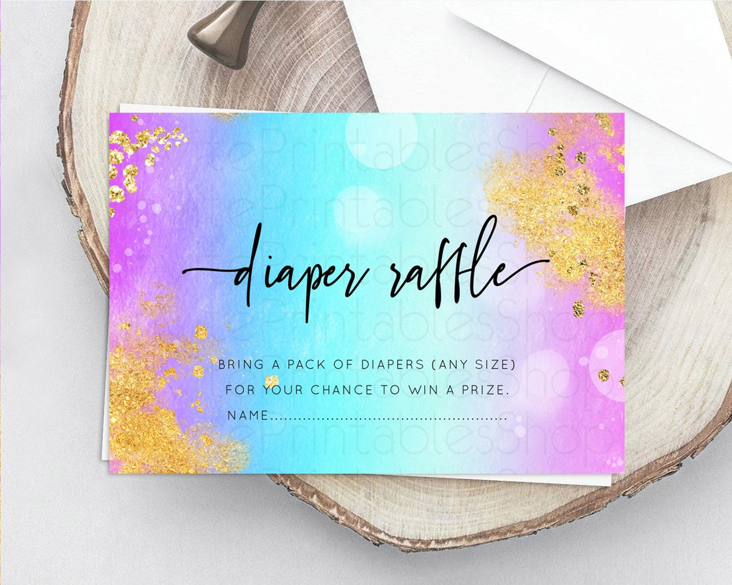 Pastel Diaper Raffle Card Pastel Rainbow Diaper Raffle Insert Colorful Ombre Watercolor Diaper Ticket Confetti Glitter Raffle Game D10564