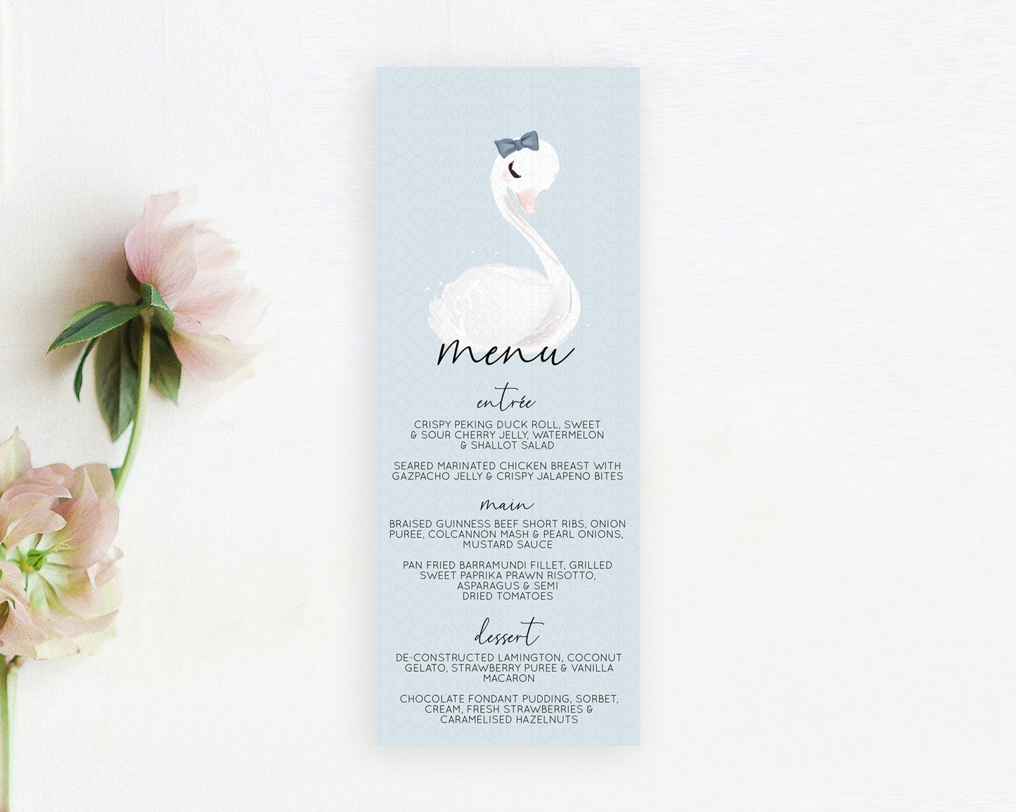 Swan Menu Swan Princess Ballet Menu Template Enchanted Swan Lake Table Decor Secret Garden Pastel Floral Dinner Dessert Food Menu D10760