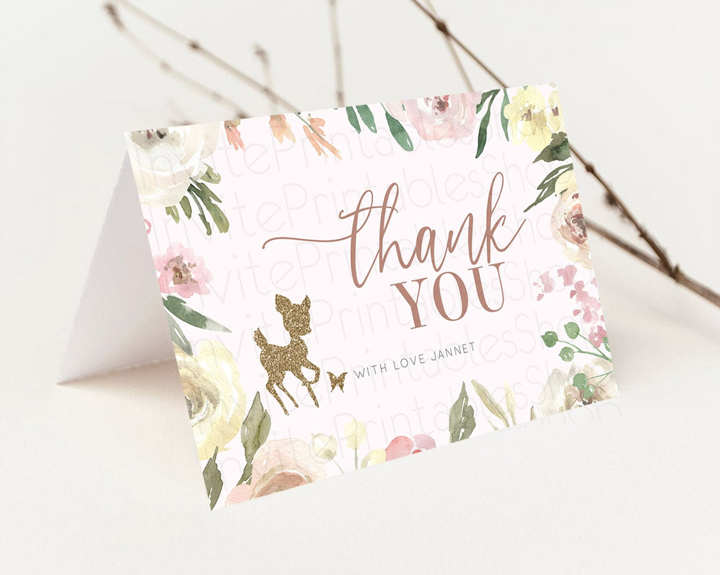 Fawn Thank You Deer Thank You Card Pastel Floral Deer Birthday Thank You Card Enchanted Forest Butterfly Deer Teacher Thank You Card D10193