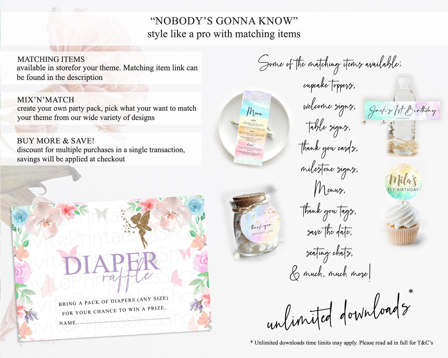 Fairy Diaper Raffle Card Fairy Diaper Insert Enchanted Garden Fairy Diaper Ticket Pastel Floral Butterfly Secret Garden Raffle Game D10126