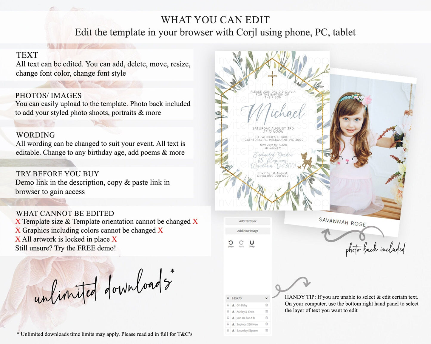Fawn Baptism Invitation Deer Baptism 1st Birthday Invitation Enchanted Forest Christening Invitation Pastel Garden Butterfly Floral D10534