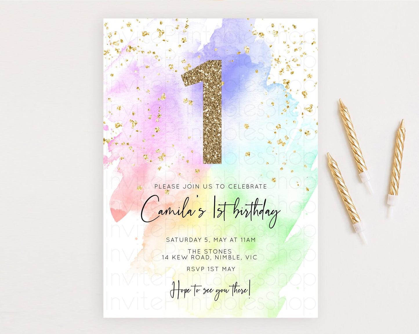 Rainbow Birthday Invitation Colorful Pastel Watercolor Invitation Gold Glitter Sprinkles Ombre Pastel 1st 2nd 3rd Birthday D10316