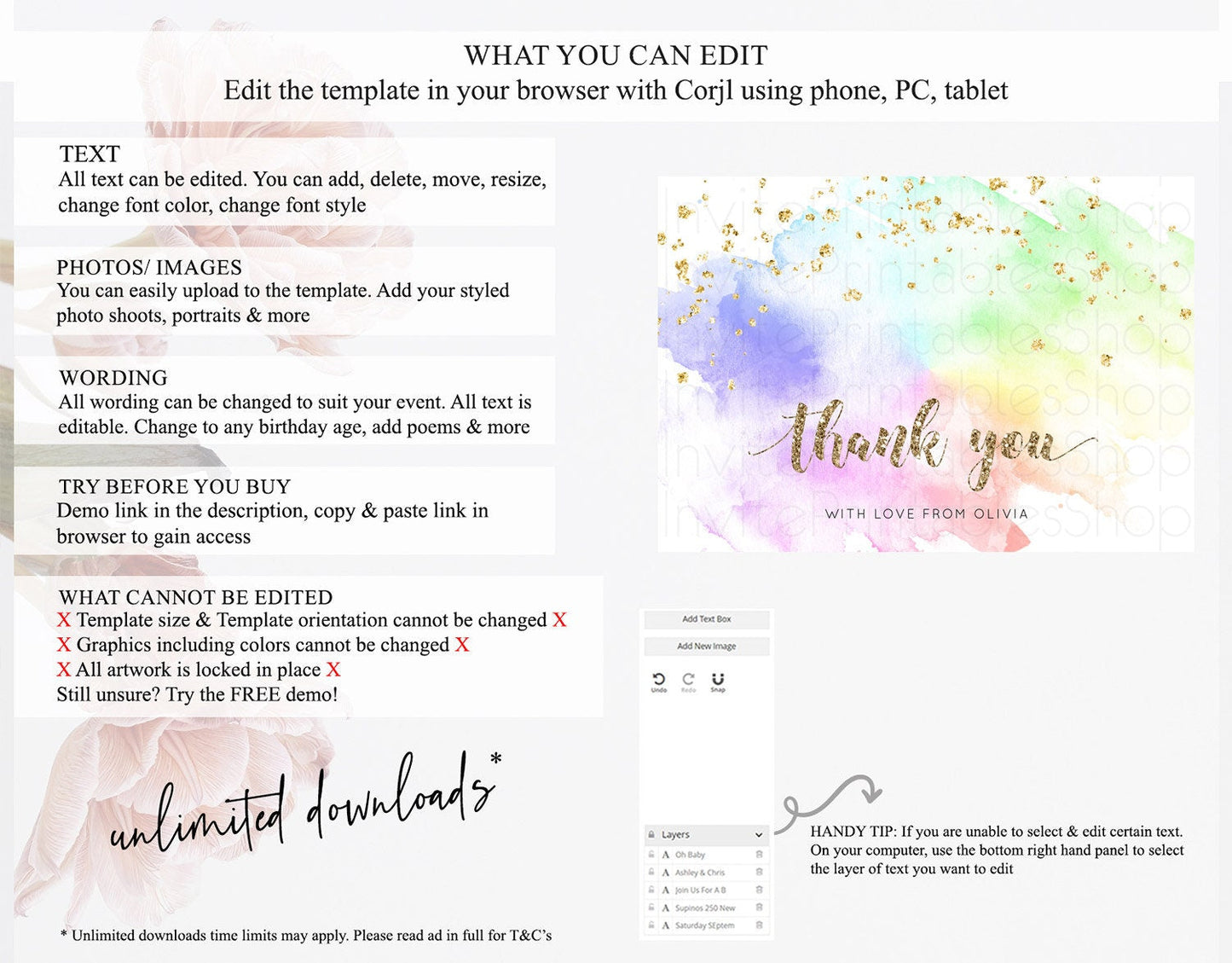 Pastel Thank You Rainbow Thank You Card Colorful Pastel Birthday Thank You Card Confetti Watercolor Pastel Teacher Thank You Cards D10319