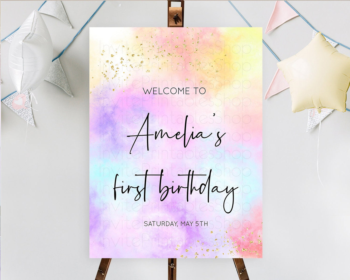 Pastel Welcome Sign Pastel Rainbow Welcome Sign Colorful Rainbow Confetti Watercolor Glitter Pastel First Birthday Welcome Sign D10438