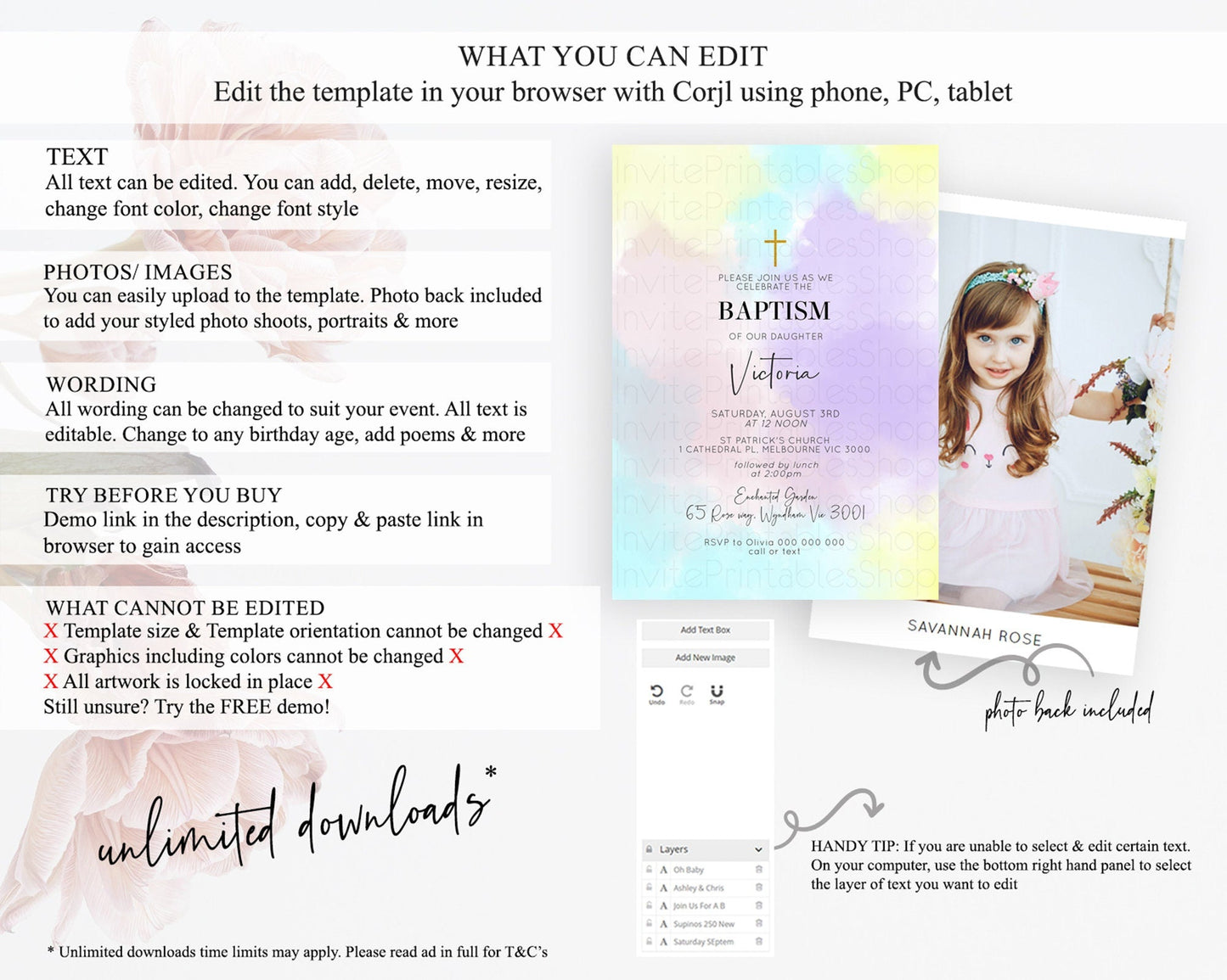 Pastel Baptism Invitation Pastel Colors Watercolor Baptism 1st Birthday Party Gold Ombre Pastel Rainbow Christening Holy Communion D10617