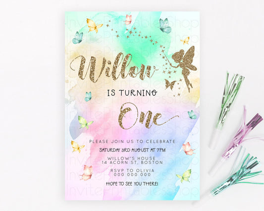 Pastel Fairy Birthday Invitation Pastel Butterflies Fairy Birthday Invitation Rainbow Ombre Watercolor 1st 2nd Birthday Invitation D23353