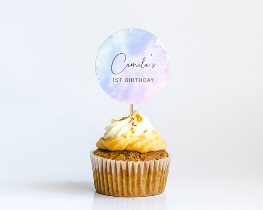 Editable Purple Cupcake Toppers Purple Watercolor Cupcake Topper Pastel Purp