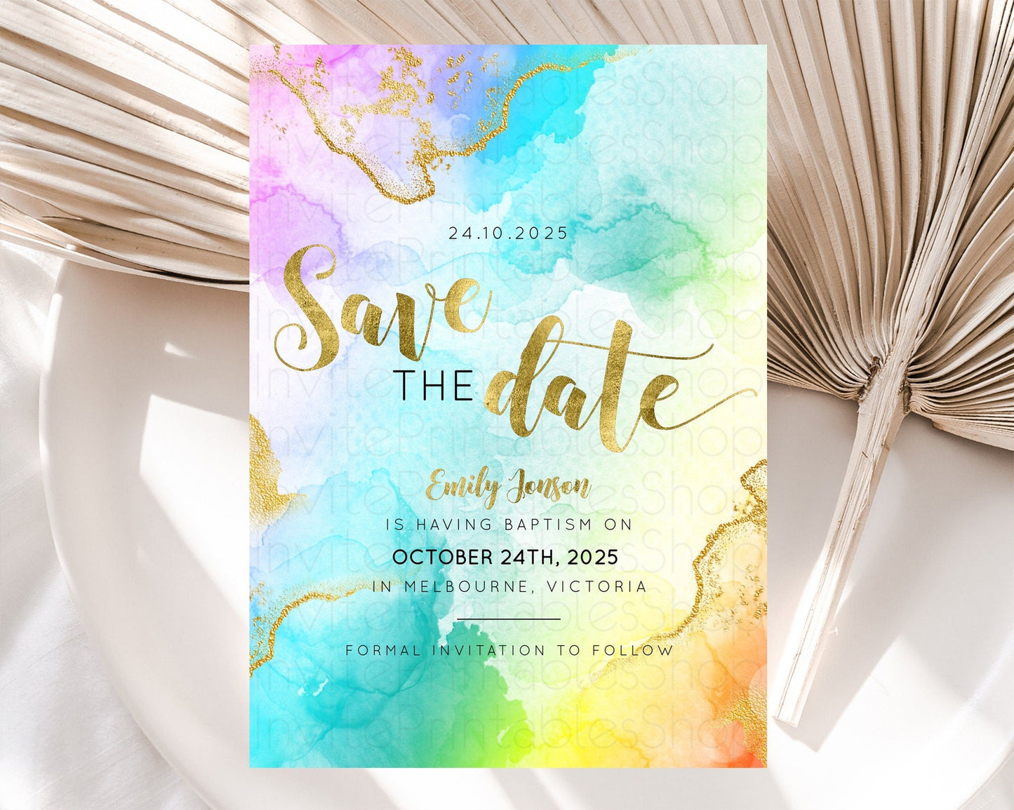 Pastel Save The Date Template Pastel Ombre Rainbow Watercolor Colorful Party For Birthday Baptism Baby Shower Wedding Bridal Shower D10392