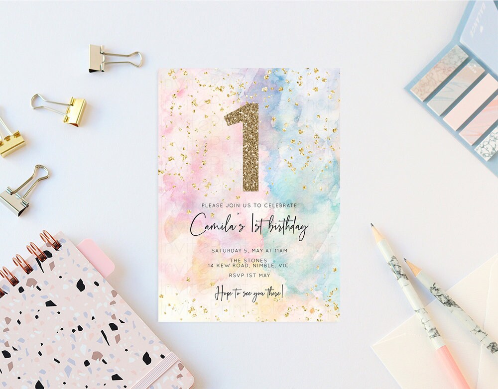 Rainbow Birthday Invitation Colorful Watercolor Gold Glitter Sprinkles Ombre Pastel Invitation 1st 2nd 3rd Printable Editable Invite 276