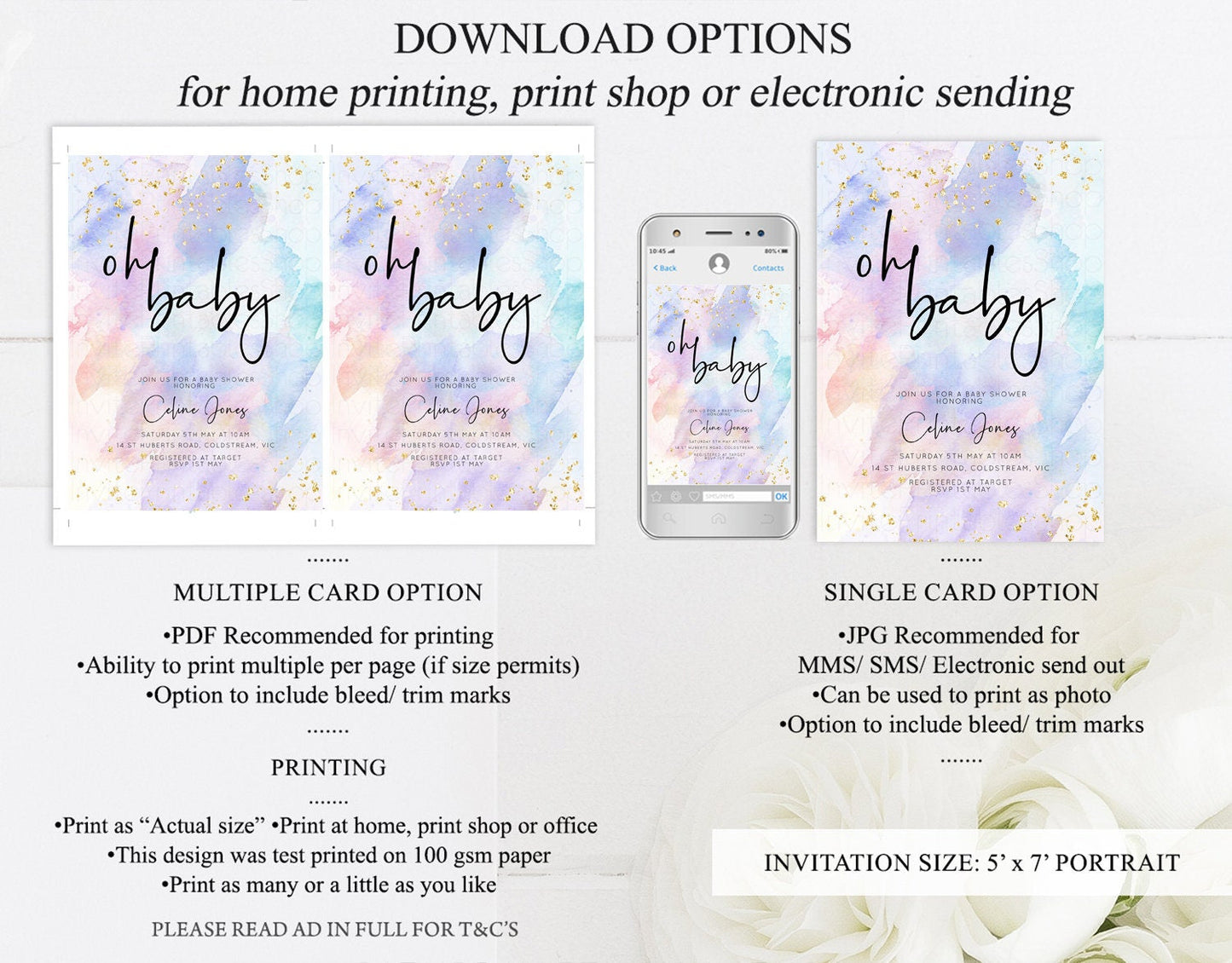 Rainbow Baby Shower Invitation Watercolor Pastel Invitation Colorful Splash Baby Invite Gold Glitter Sprinkles Ombre Gender Reveal t576