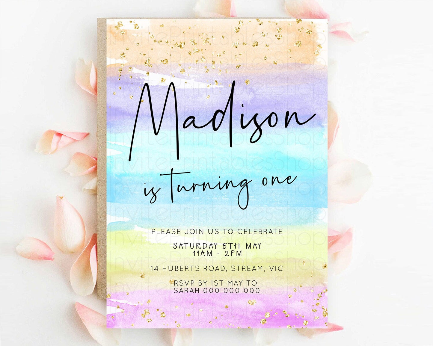 Pastel Birthday Invitation Ombre Watercolor Birthday Invitation Glitter Rainbow Color Splash 1st 2nd 3rd Birthday Invitation D23040