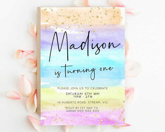 Pastel Birthday Invitation Ombre Watercolor Birthday Invitation Glitter Rainbow Color Splash 1st 2nd 3rd Birthday Invitation D23040