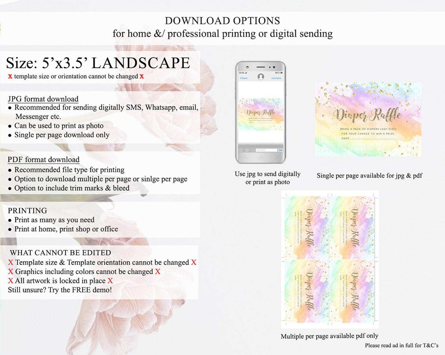 Pastel Diaper Raffle Card Pastel Rainbow Diaper Raffle Insert Colorful Ombre Watercolor Diaper Ticket Confetti Glitter Raffle Game D10643