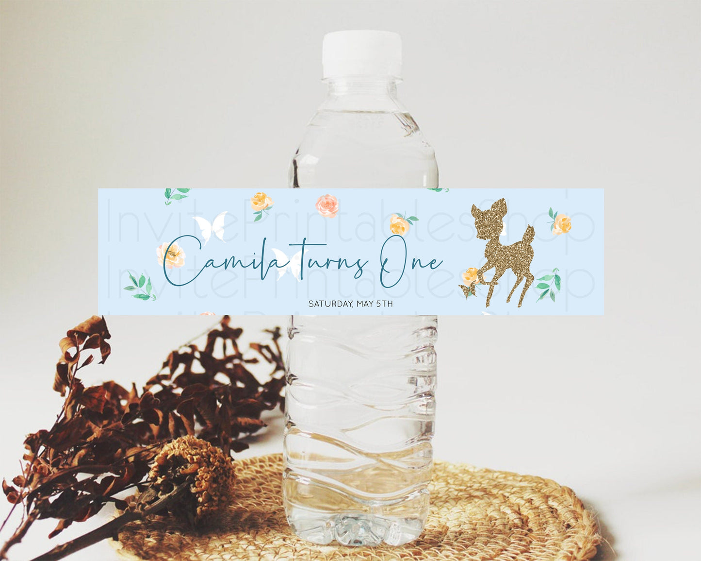 Fawn Deer Water Label Template Pastel Floral Deer Enchanted Forest Butterfly Party Decor Birthday Baptism Baby Shower Bridal Shower D10902