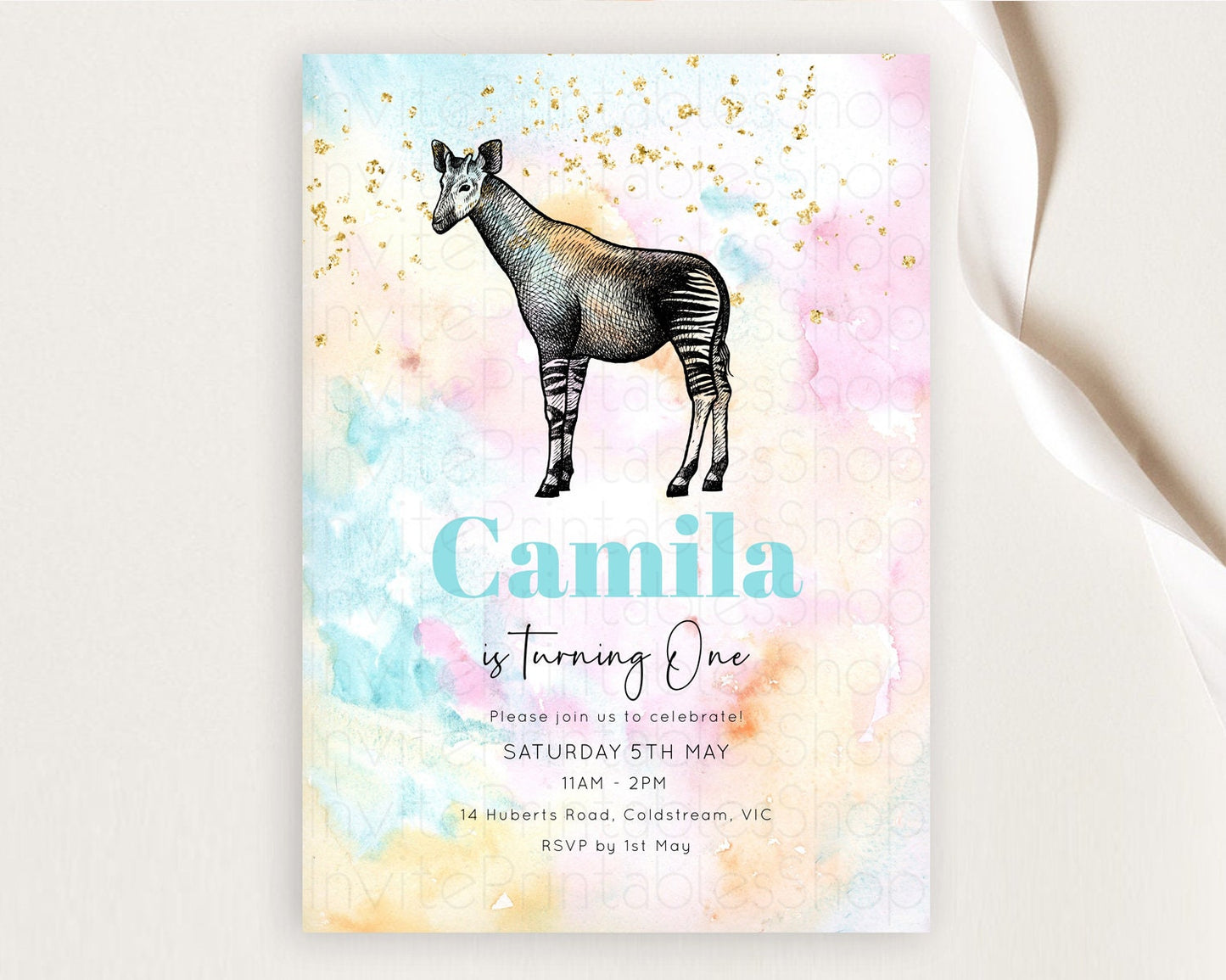 Okapi Birthday Invitation Okapi Invitation Okapi Birthday Pastel Watercolor Okapi Invitation Rainbow Okapi Invitation D10282