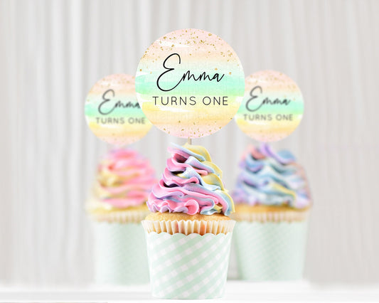Editable Rainbow Cupcake Toppers Pastel Cupcake Toppers Colorful Pastel Wate