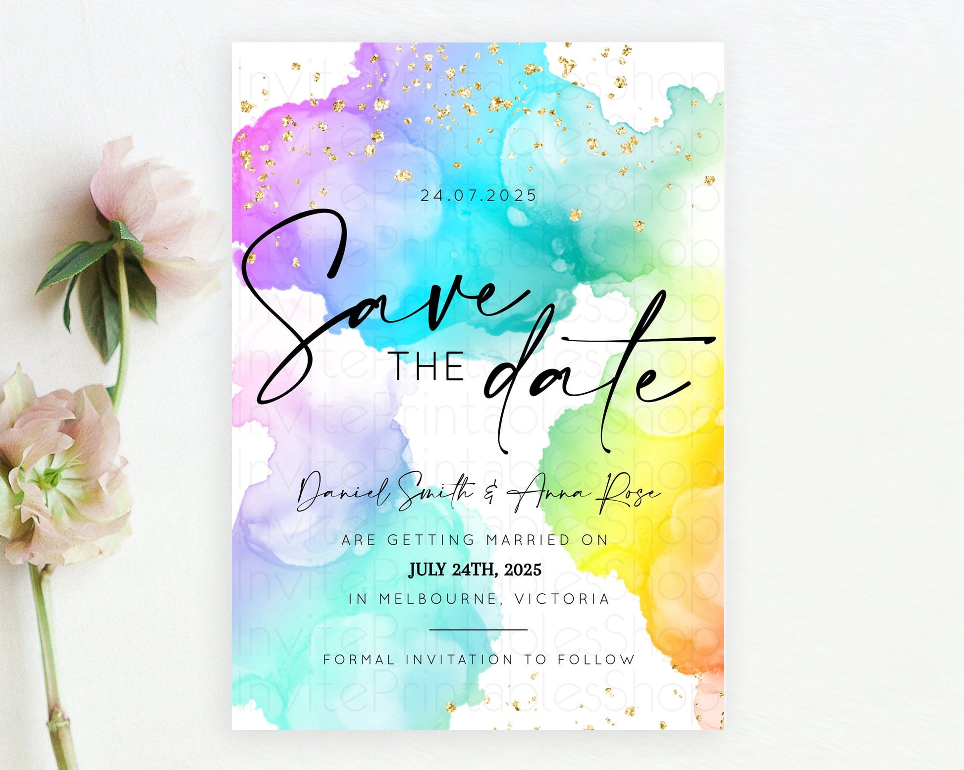 Editable Pastel Save The Date Template Pastel Ombre Rainbow Watercolor Color