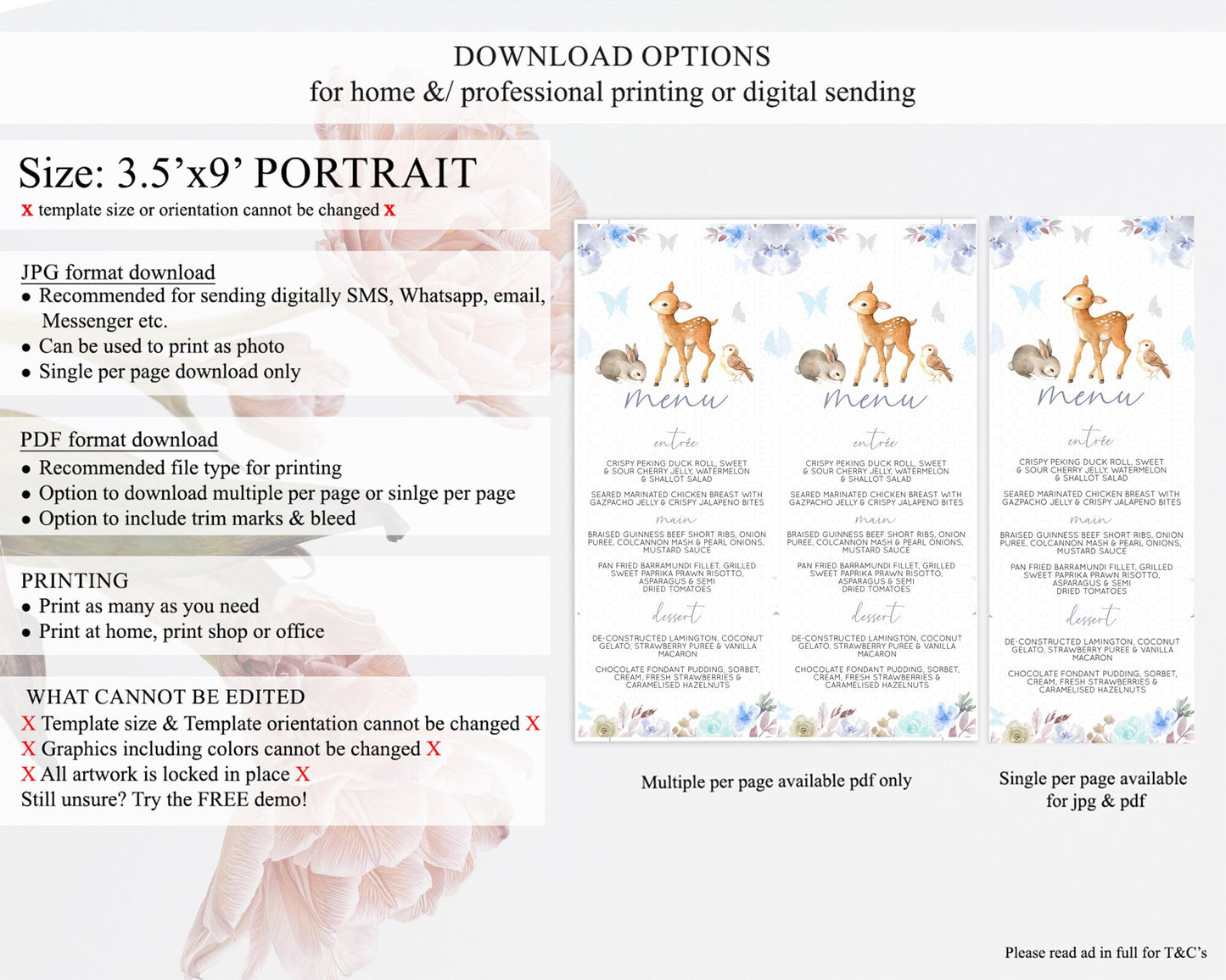 Fawn Menu Deer Menu Template Pastel Floral Deer Table Decor Enchanted Forest Butterfly Floral Dinner Dessert Menu Party Food Menu D10929