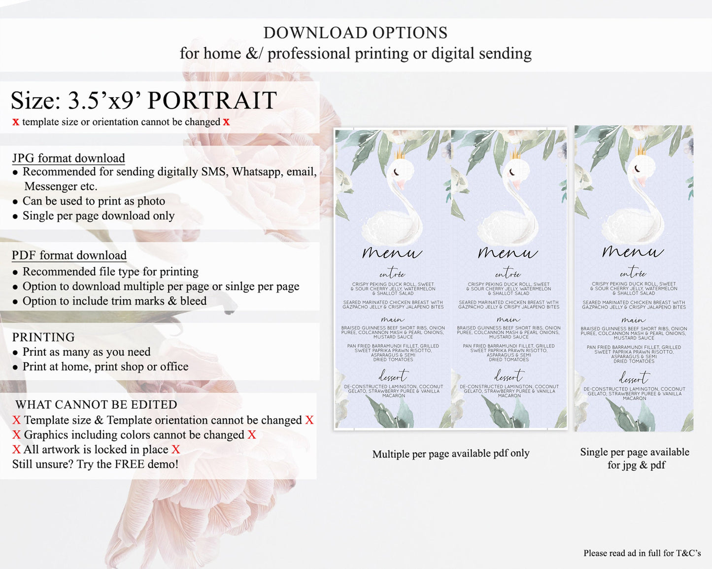 Swan Menu Swan Princess Ballet Menu Template Enchanted Swan Lake Table Decor Secret Garden Pastel Floral Dinner Dessert Food Menu  D10756