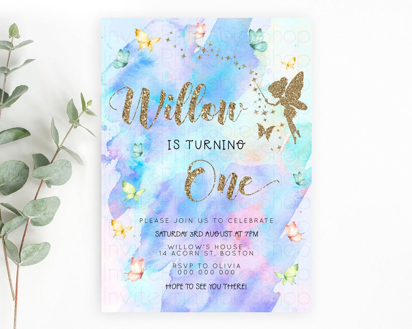 Pastel Fairy Birthday Invitation Pastel Butterflies Fairy Birthday Invitation Rainbow Ombre Watercolor 1st 2nd Birthday Invitation D23339