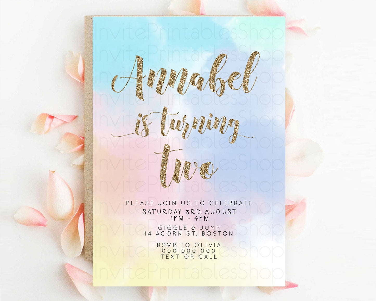 Rainbow Birthday Invitation Colorful Pastel Watercolor Invitation Gold Glitter Sprinkles Ombre Pastel 1st 2nd 3rd Birthday D10378