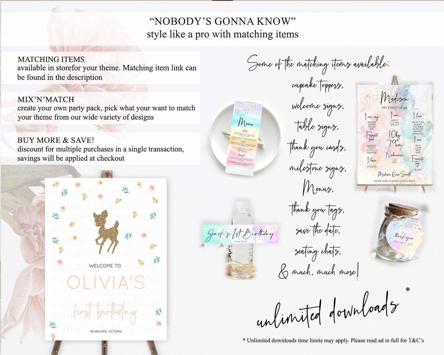 Fawn Welcome Sign Deer Welcome Board Floral Deer Welcome Poster Enchanted Forest Butterfly Pastel Floral First Birthday Welcome Sign D10355