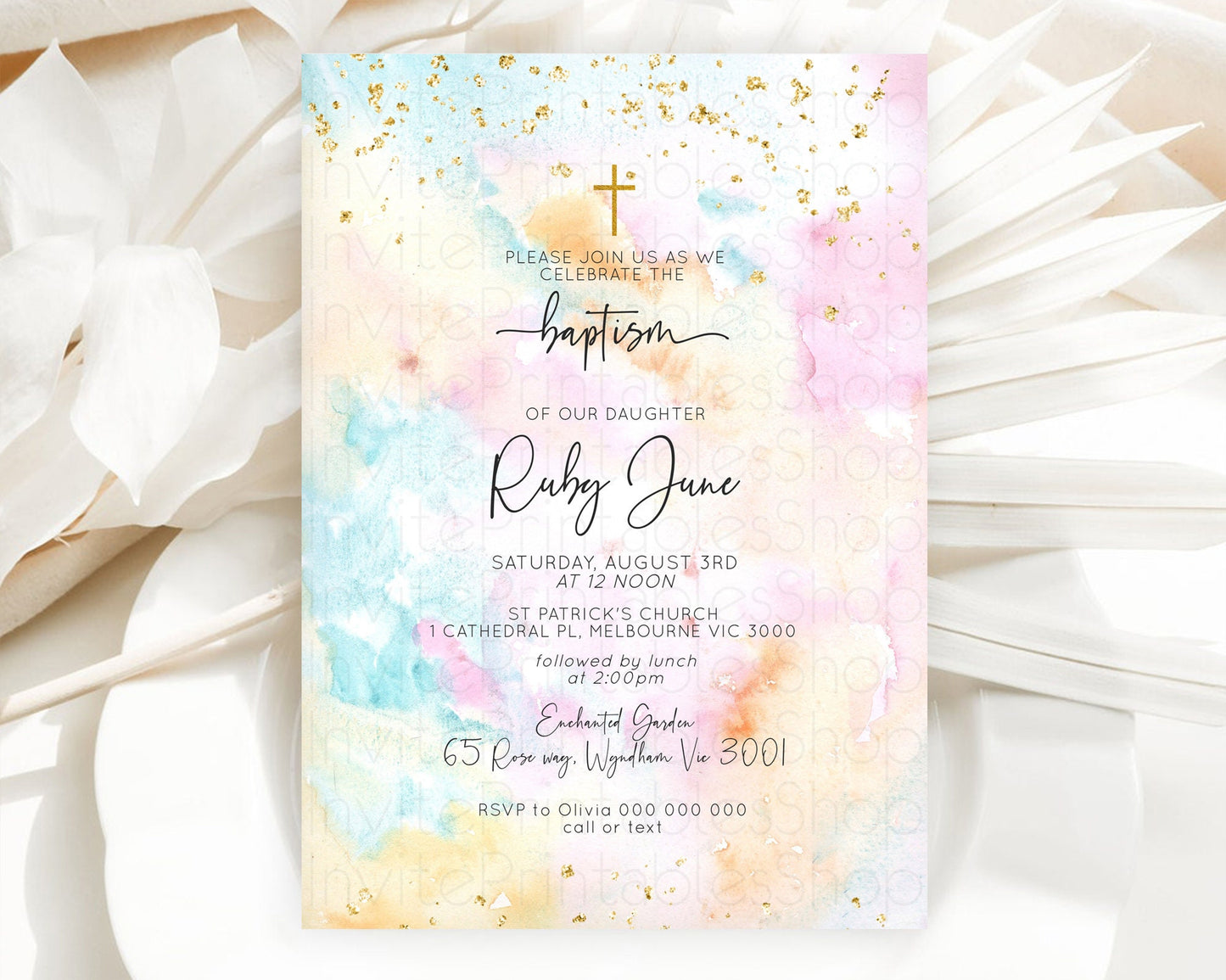 Pastel Baptism Invitation Pastel Colors Watercolor Baptism 1st Birthday Party Gold Ombre Pastel Rainbow Christening Holy Communion D10548