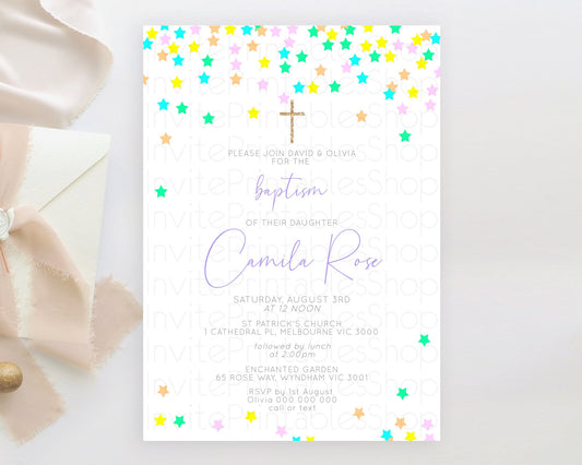 Editable Star Baptism Invitation Pastel Stars Baptism 1st Birthday Invitatio