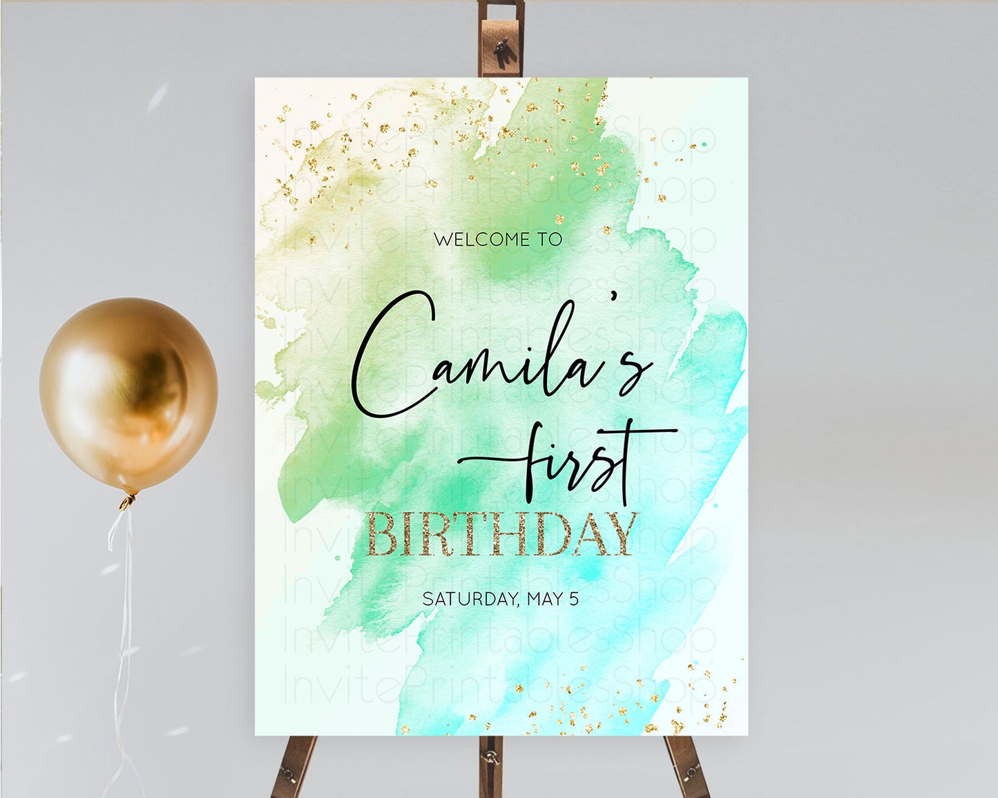 Green Welcome Sign Green Watercolor Welcome Board Pastel Green Party Decor Splash Welcome Poster First Birthday Welcome Sign D10170