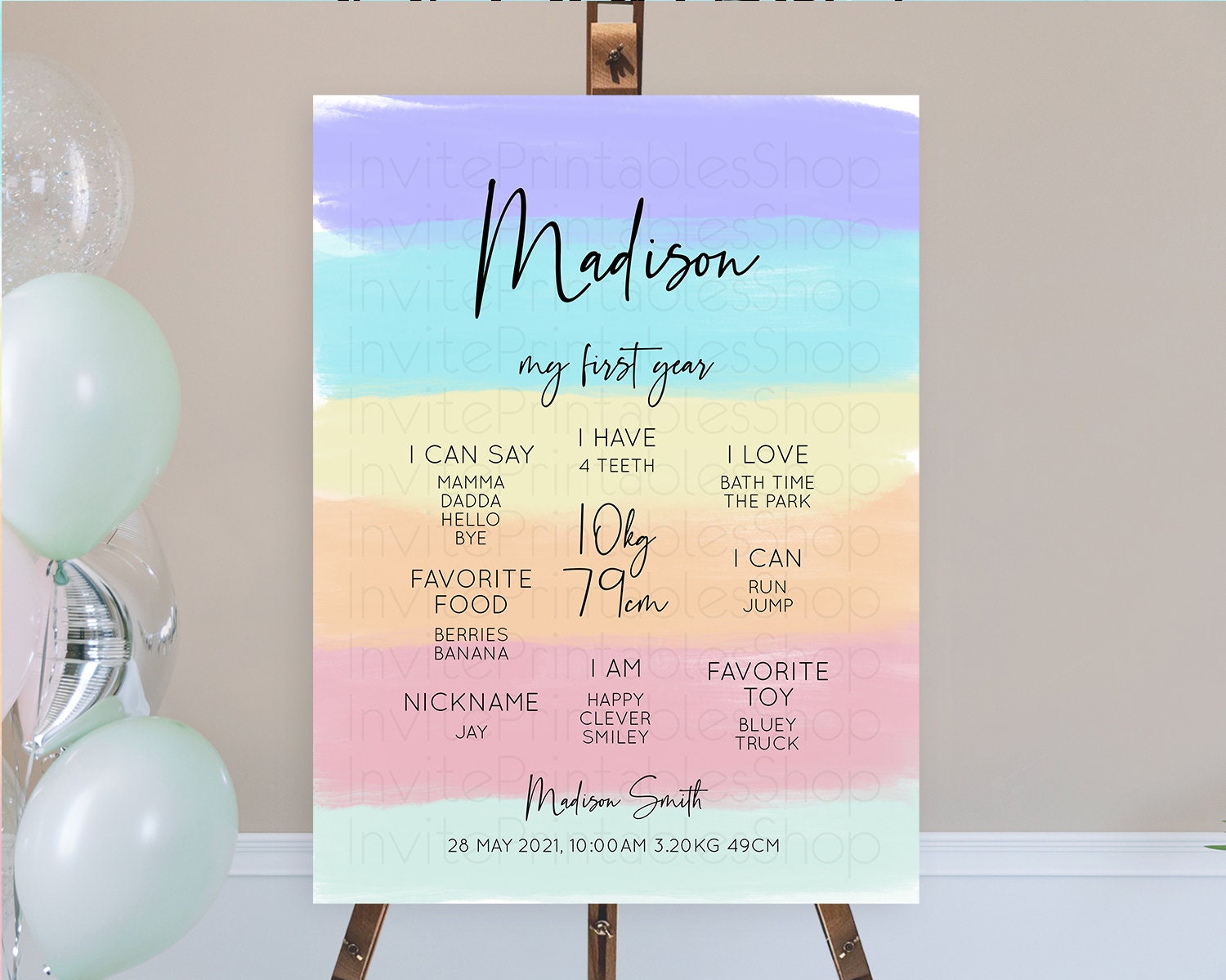 Editable Pastel First Birthday Milestone Board Pastel Rainbow Milestone Post