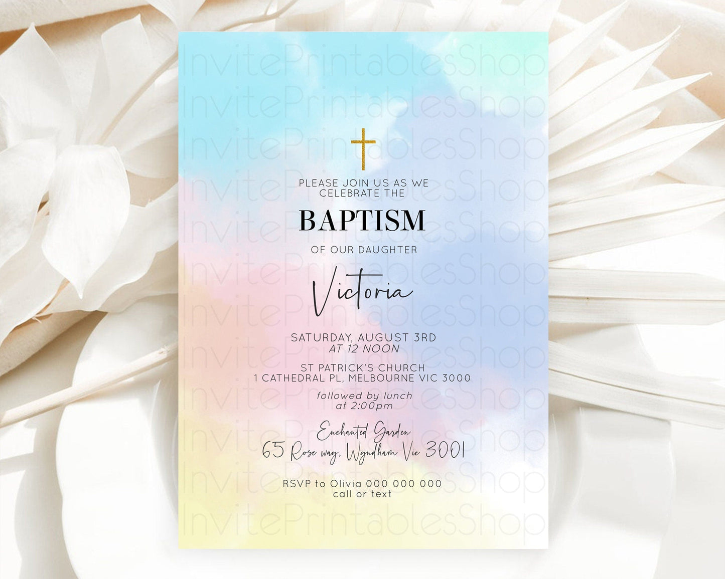 Pastel Baptism Invitation Pastel Colors Watercolor Baptism 1st Birthday Party Gold Ombre Pastel Rainbow Christening Holy Communion D10373