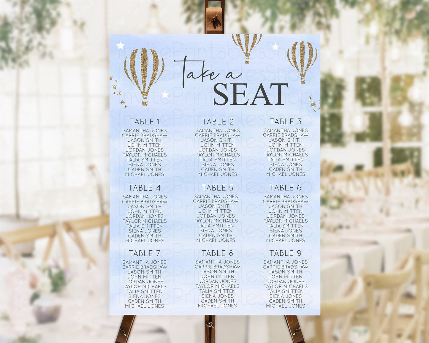 Hot Air Balloon Seating Chart Hot Air Balloon Seating Chart Adventure Awaits Up & Away Glitter Blue Watercolor Seating Take a Seat D10333