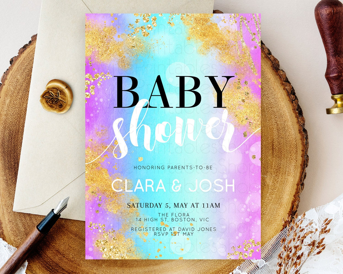 Pastel Baby Shower Invitation, Watercolor with Gold, Glitter Sprinkles, Bubbles Under The Sea Sand - Colorful Blue Purple Ombre Theme D10564