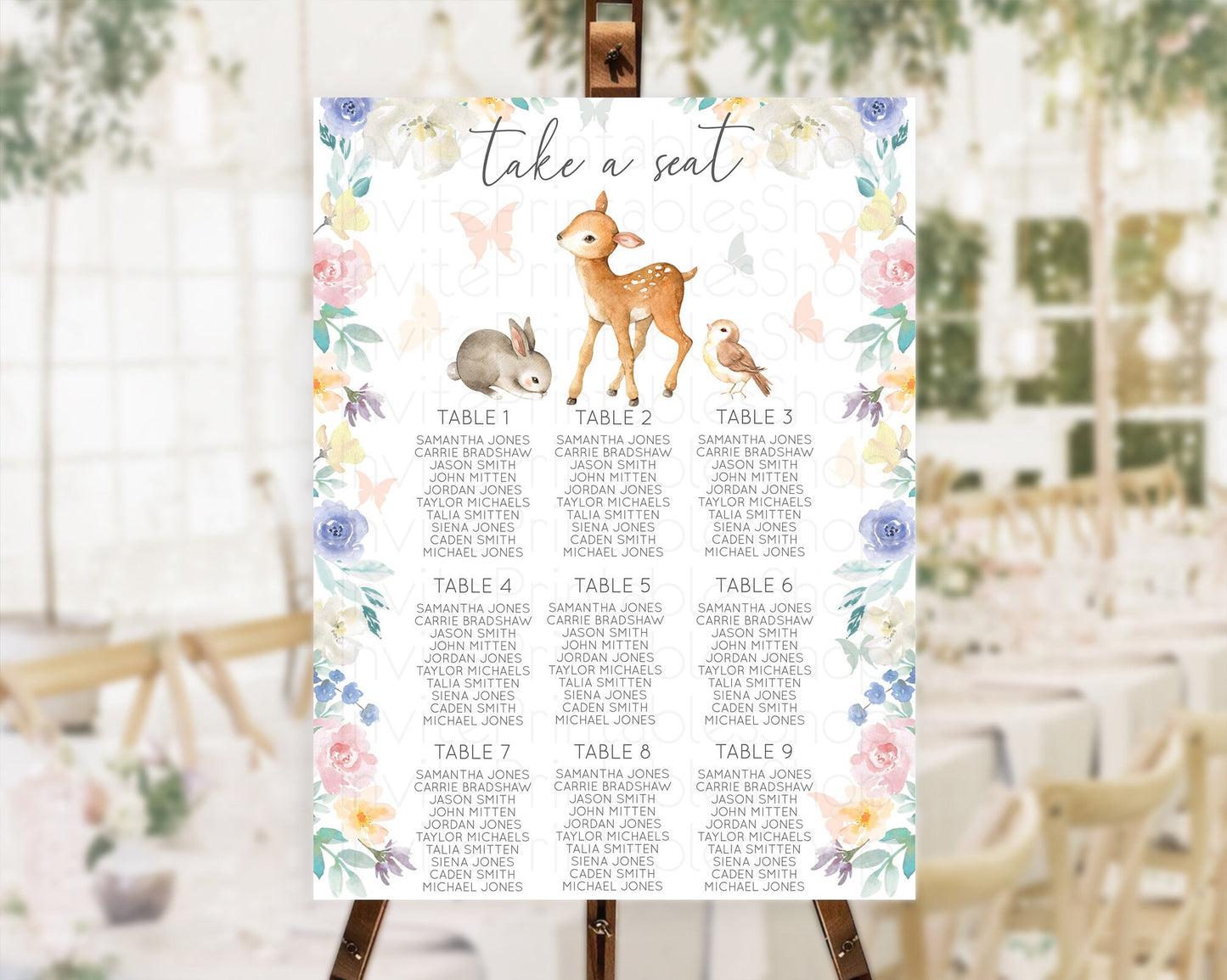 Fawn Seating Chart Deer Seating Chart Enchanted Forest Party Butterfly Pastel Flowers Whimsical Seating Chart Woodland Seating Sign D10930