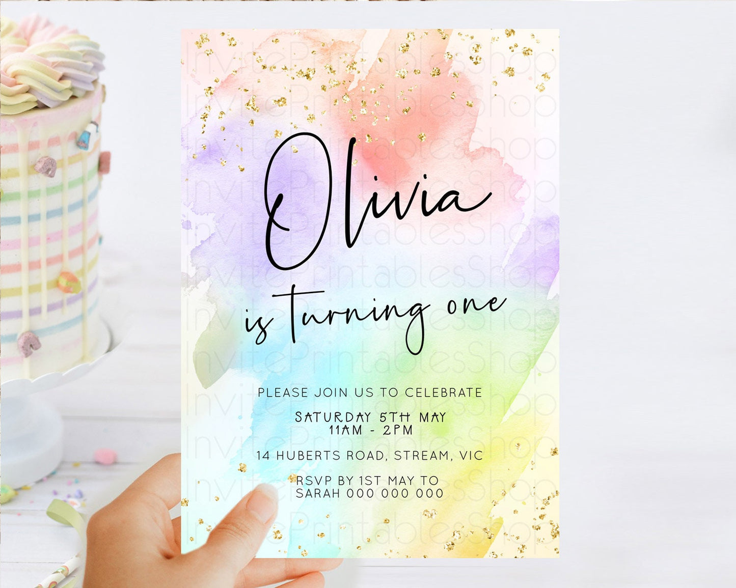 Pastel Birthday Invitation Ombre Watercolor Birthday Invitation Glitter Rainbow Color Splash 1st 2nd 3rd Birthday Invitation D23071