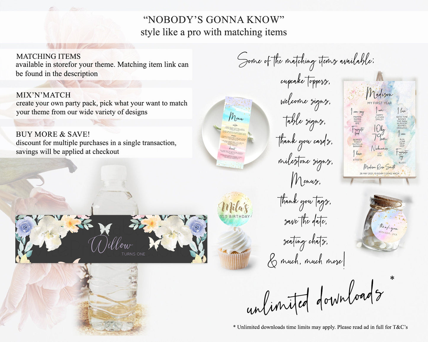 Wildflower Water Label Template Secret Garden Water Label Pastel Floral Garden Party Decor Boho Flowers Birthday Baby Shower Wedding D10322
