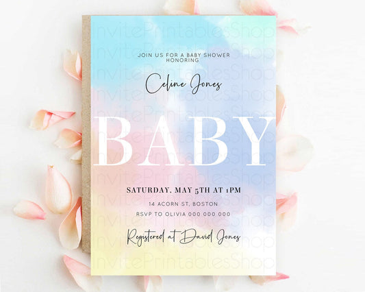 Pastel Baby Shower Invitation Rainbow Baby Shower Invitation Colorful Pastel Watercolor Invitation Gold Glitter Sprinkles Ombre D10373