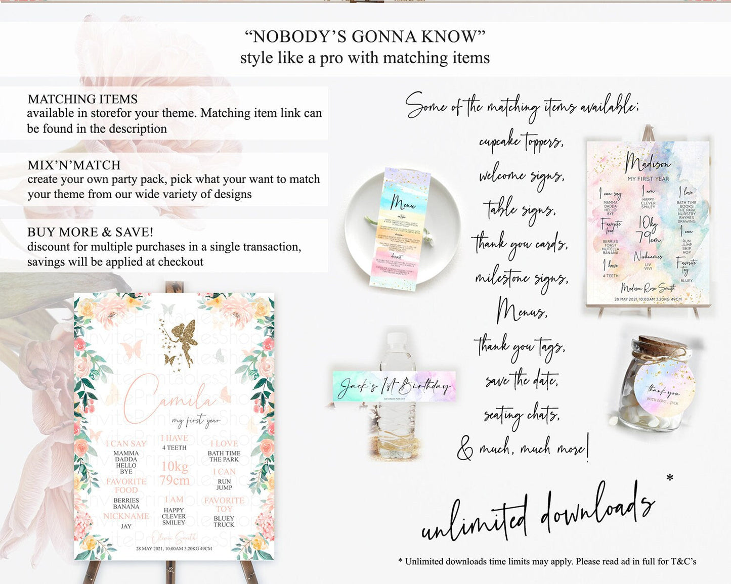 Fairy First Birthday Milestone Poster Fairy Secret Garden Milestone Board Enchanted Garden Pastel Floral Butterfly 1st Birthday Sign D10789
