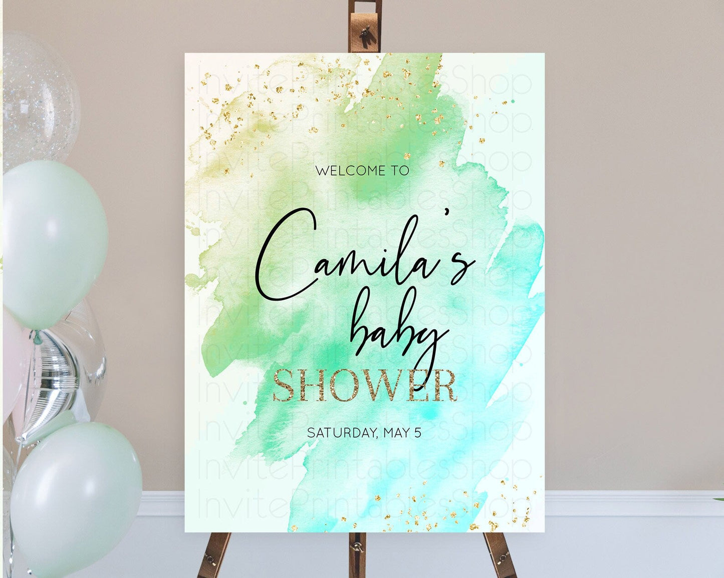 Green Baby Shower Welcome Sign Green Watercolor Welcome Board Pastel Green Party Decor Splash Welcome Poster Green Welcome Board D10170