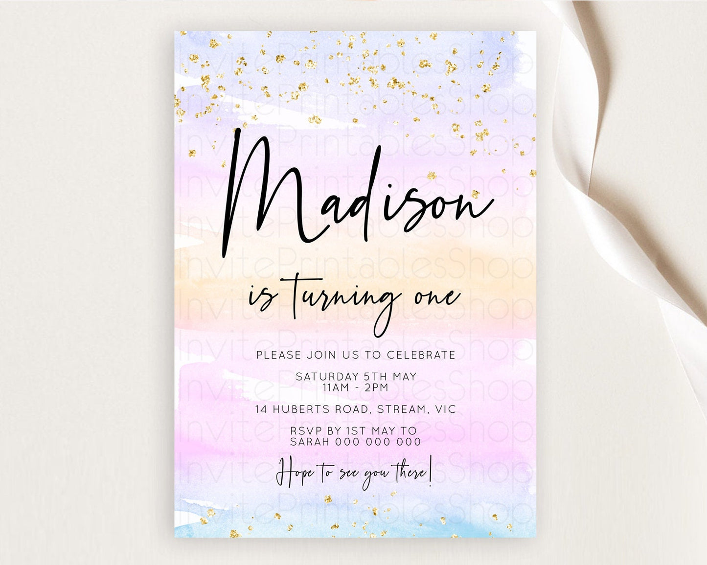 Rainbow Birthday Invitation Colorful Pastel Watercolor Invitation Gold Glitter Sprinkles Ombre Pastel 1st 2nd 3rd Birthday D10594