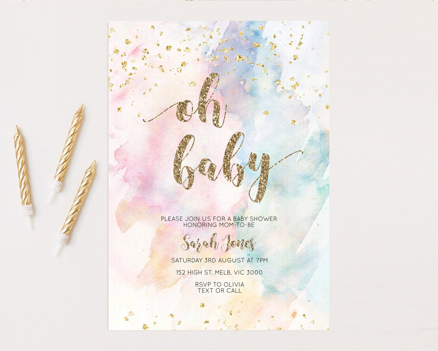 Rainbow Baby Shower Invitation Pastel Baby Shower Invitation Watercolor Ombre Invitation Rainbow Pastel Colors Invite Glitter Confetti 276