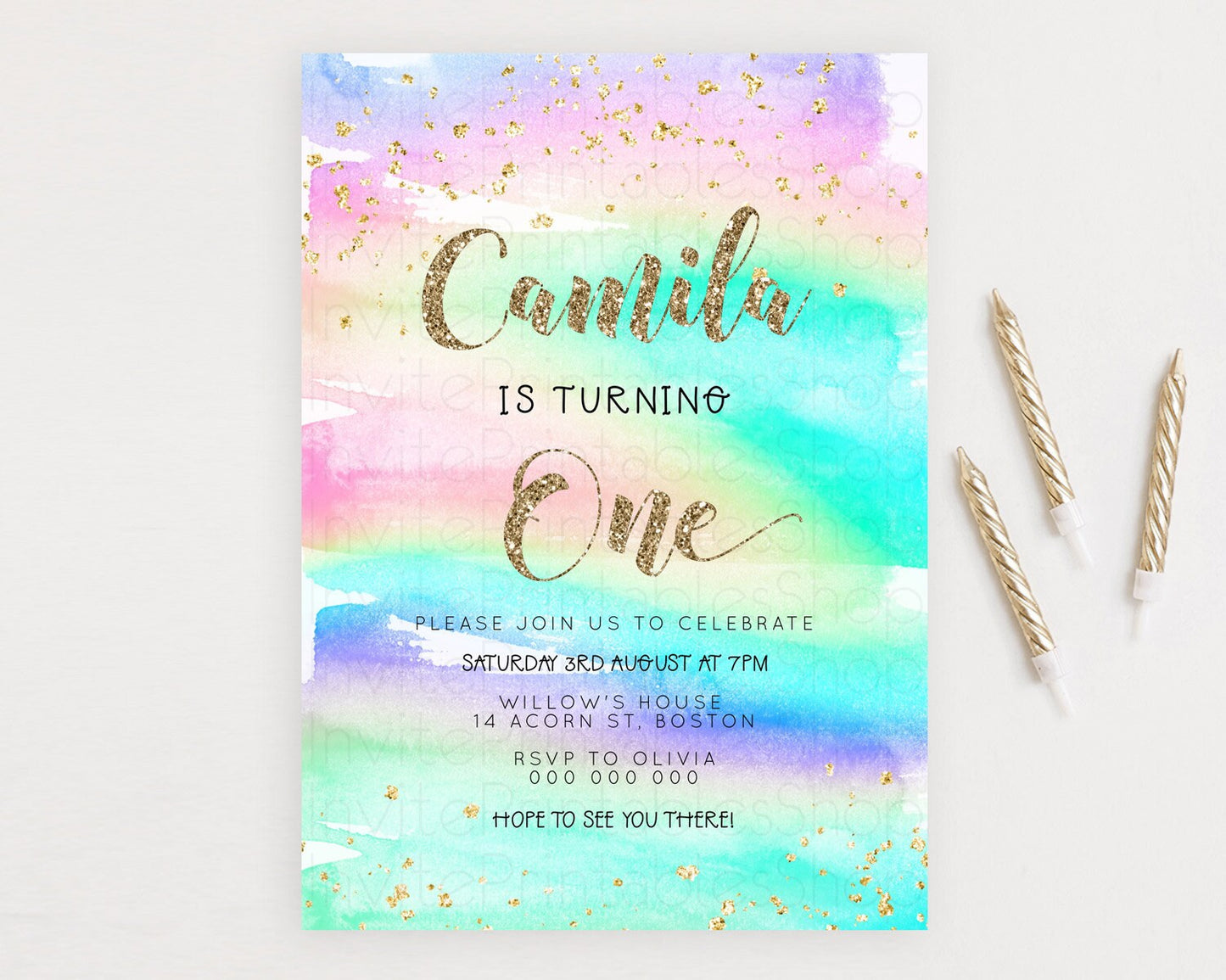 Rainbow Birthday Invitation Colorful Pastel Watercolor Invitation Gold Glitter Sprinkles Ombre Pastel 1st 2nd 3rd Birthday D23261