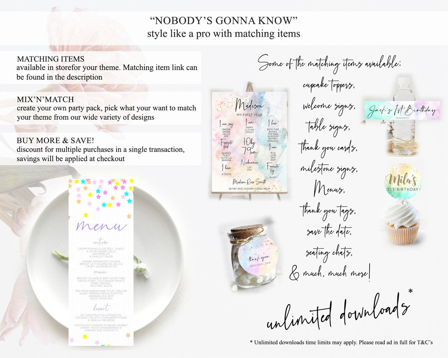Star Menu Template Pastel Stars Menu Shooting Star Twinkle Little Star Decor Rainbow Colorful Confetti Dinner Dessert Food Menu D10397